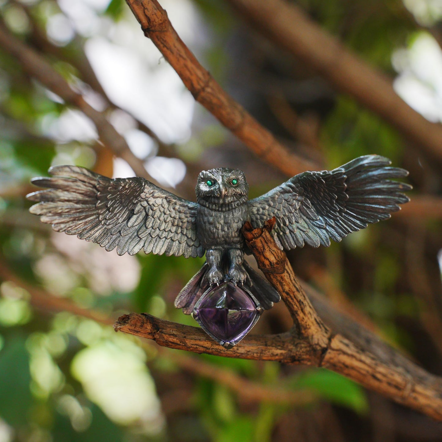 925 Sterling Silver Owl Necklace with Amethyst | Handcrafted Animal Totem Jewelry | Fantasy Guardian Pendant for Wisdom & Focus