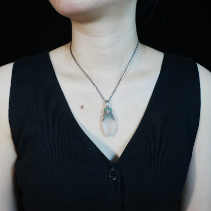 Carved Rock Crystal Pendant with Green Chalcedony | Handmade Gothic Totem Necklace in 925 Sterling Silver | Spiritual Gift for Her