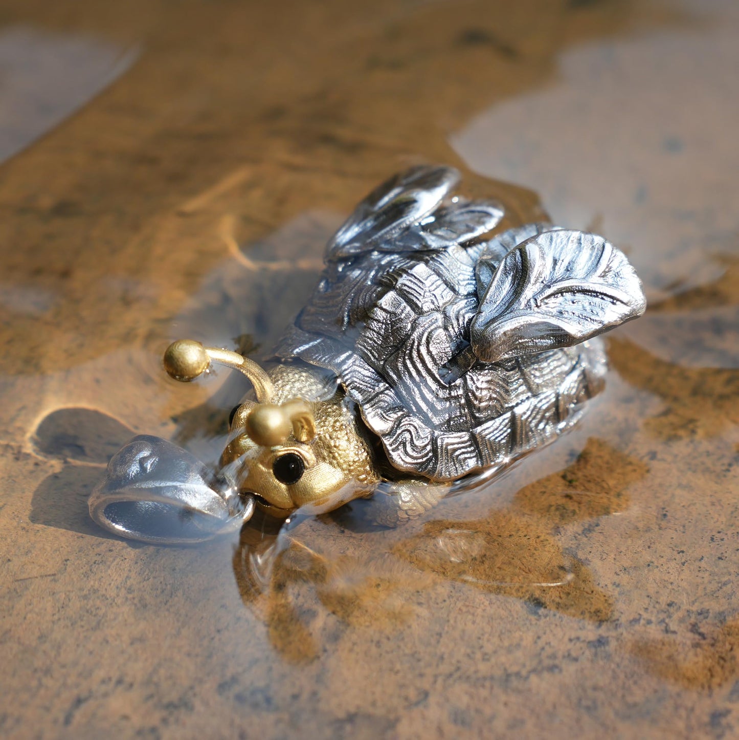Flying Turtle Pendant | Handmade Silver & Brass Animal Amulet | Fantasy Jewelry Gift for Nature Lovers & Dreamy Souls