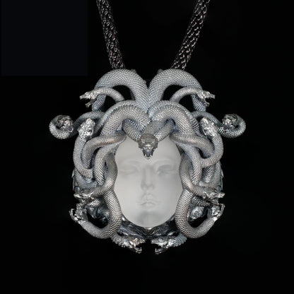 Medusa Pendant in 925 Silver | Handmade White Crystal Necklace | Mythical Statement Jewelry for Gothic & Art Lovers