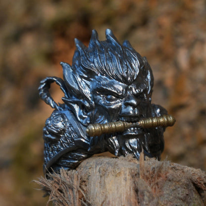 Monkey King Ring in 925 Sterling Silver | Handmade Mythic Jewelry with Gold Accents | Fantasy Artisan Gift for Him