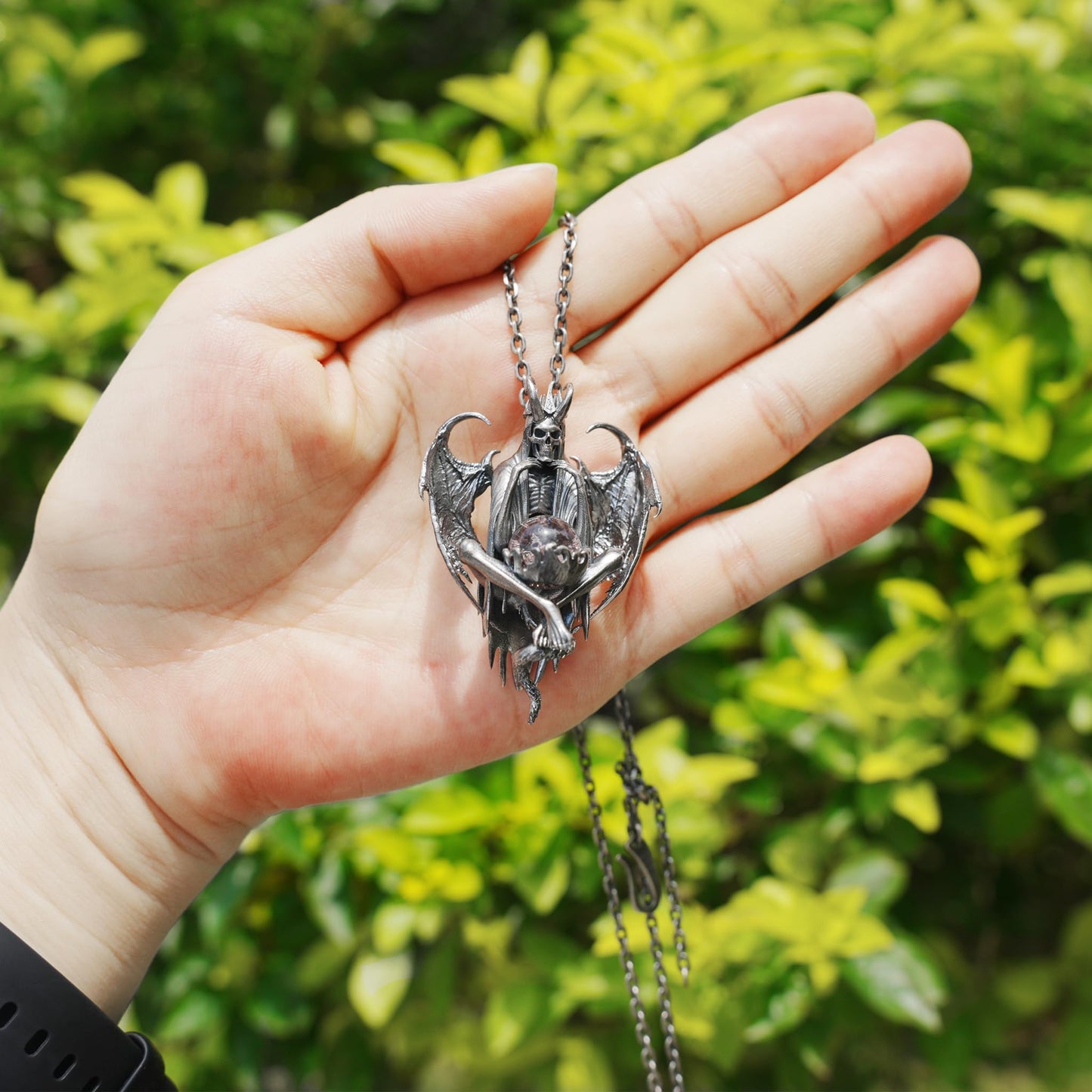 Gothic pendant with ghost crystal in oxidized 925 silver totem design gift for her statement necklace birthday