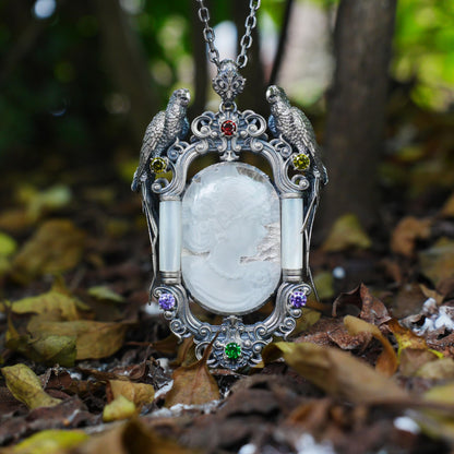 Handmade 925 Silver Victorian Cameo Necklace | Baroque Pendant with Two Parrots | Girl Relief in Rock Crystal | Vintage Craft
