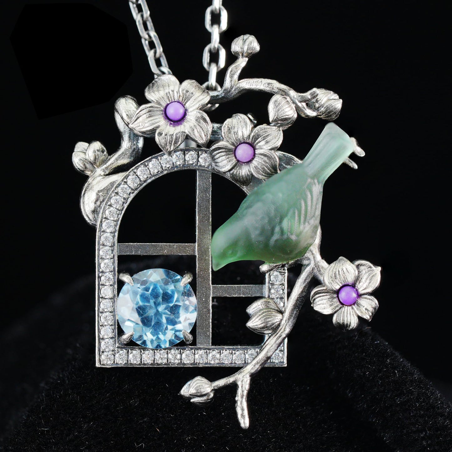 Green Bird Pendant Necklace at Window | Hand-Carved Silver Floral Bird Jewelry | Whimsical Springtime Gift for Nature Lovers and Dreamers