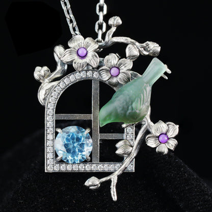 Green Bird Pendant Necklace at Window | Hand-Carved Silver Floral Bird Jewelry | Whimsical Springtime Gift for Nature Lovers and Dreamers