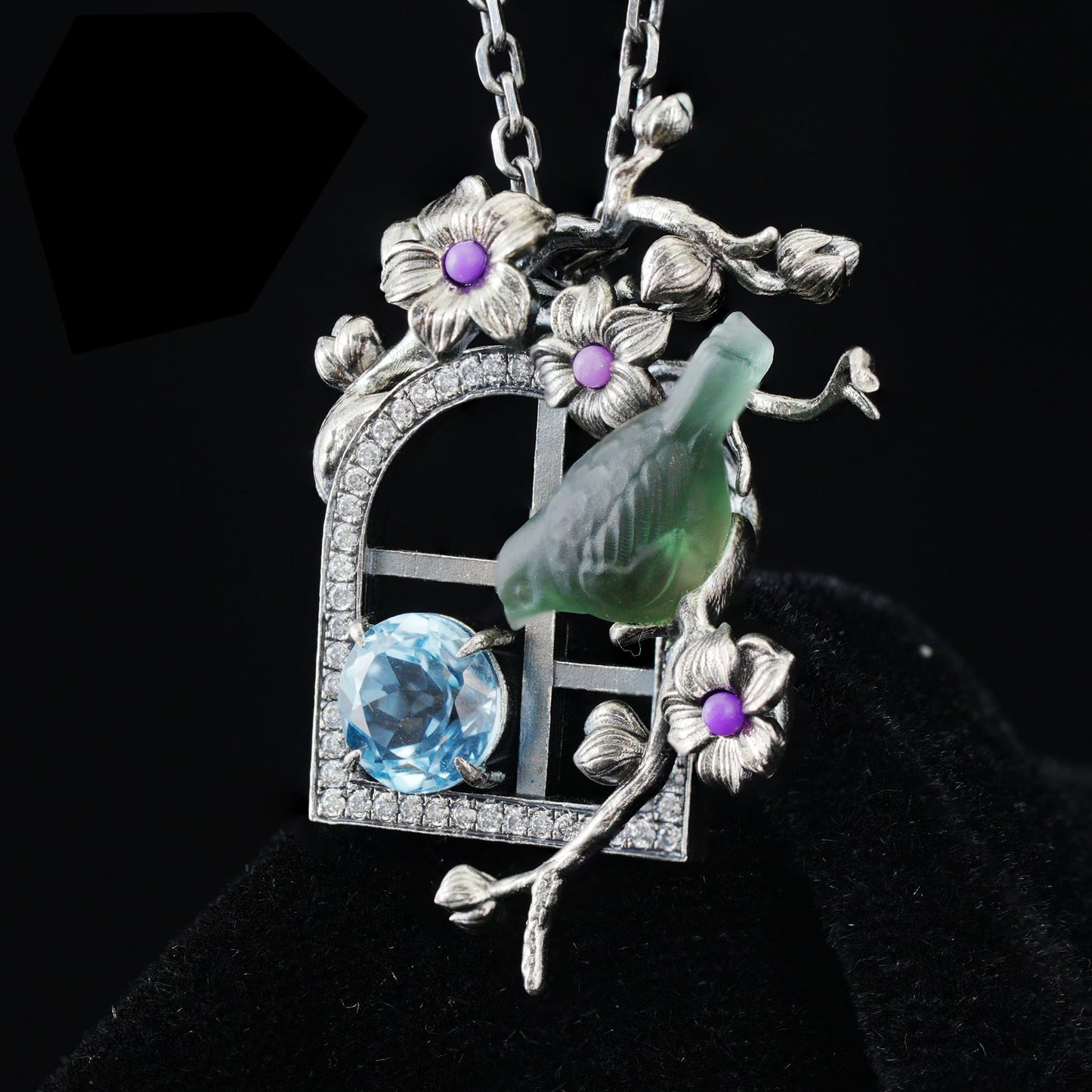 Green Bird Pendant Necklace at Window | Hand-Carved Silver Floral Bird Jewelry | Whimsical Springtime Gift for Nature Lovers and Dreamers