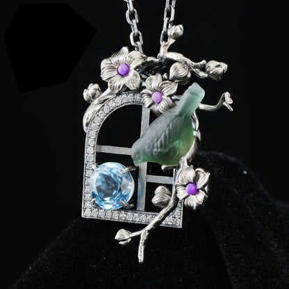 Green Bird Pendant Necklace at Window | Hand-Carved Silver Floral Bird Jewelry | Whimsical Springtime Gift for Nature Lovers and Dreamers