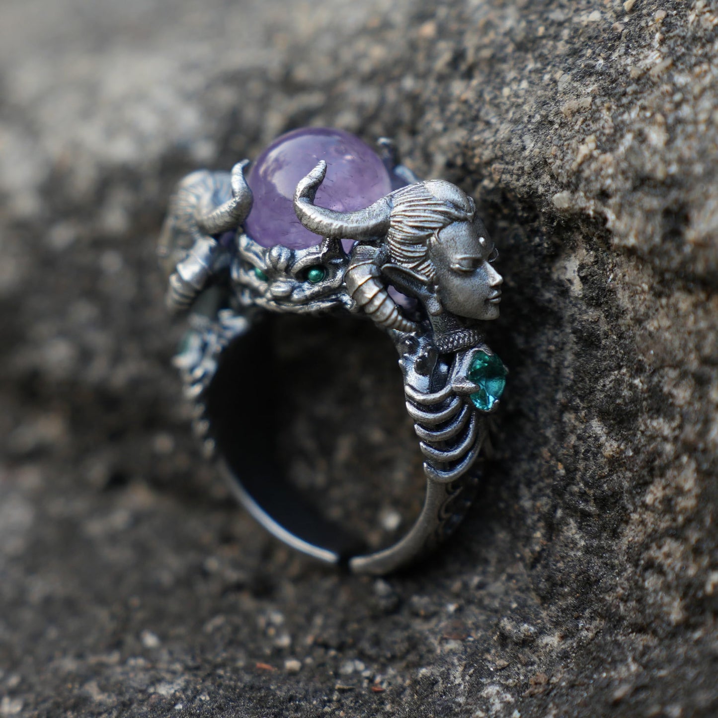 Amethyst & Aquamarine Ring in 925 Sterling Silver | Handmade Fantasy Jewelry | Artisan Gift for Collectors