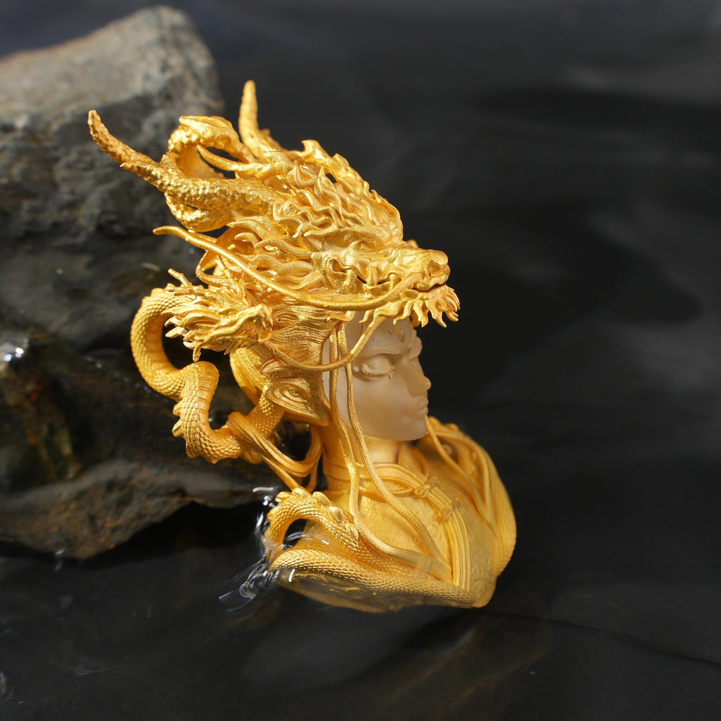 Golden Dragon Lady Pendant | 925 Sterling Silver with 24K Gold Plating & White Crystal | Symbol of Dragon Spirit, Strength & Soul Protection | Handmade Fantasy Jewelry