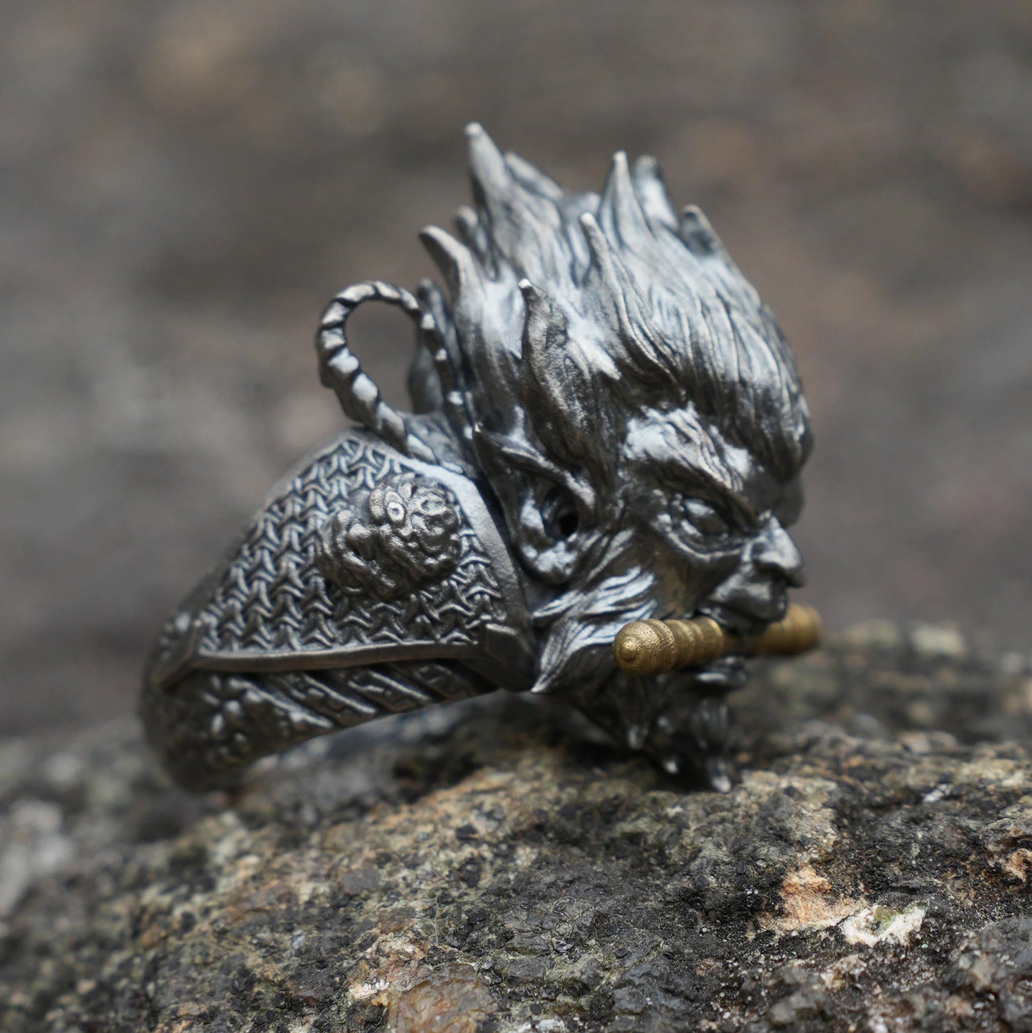 Monkey King Ring in 925 Sterling Silver | Handmade Mythic Jewelry with Gold Accents | Fantasy Artisan Gift for Him
