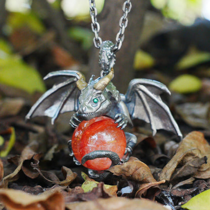 Dragon Pendant with Orange Crystal | Gothic Fantasy Necklace | Handmade Symbolic Talisman for Men & Women