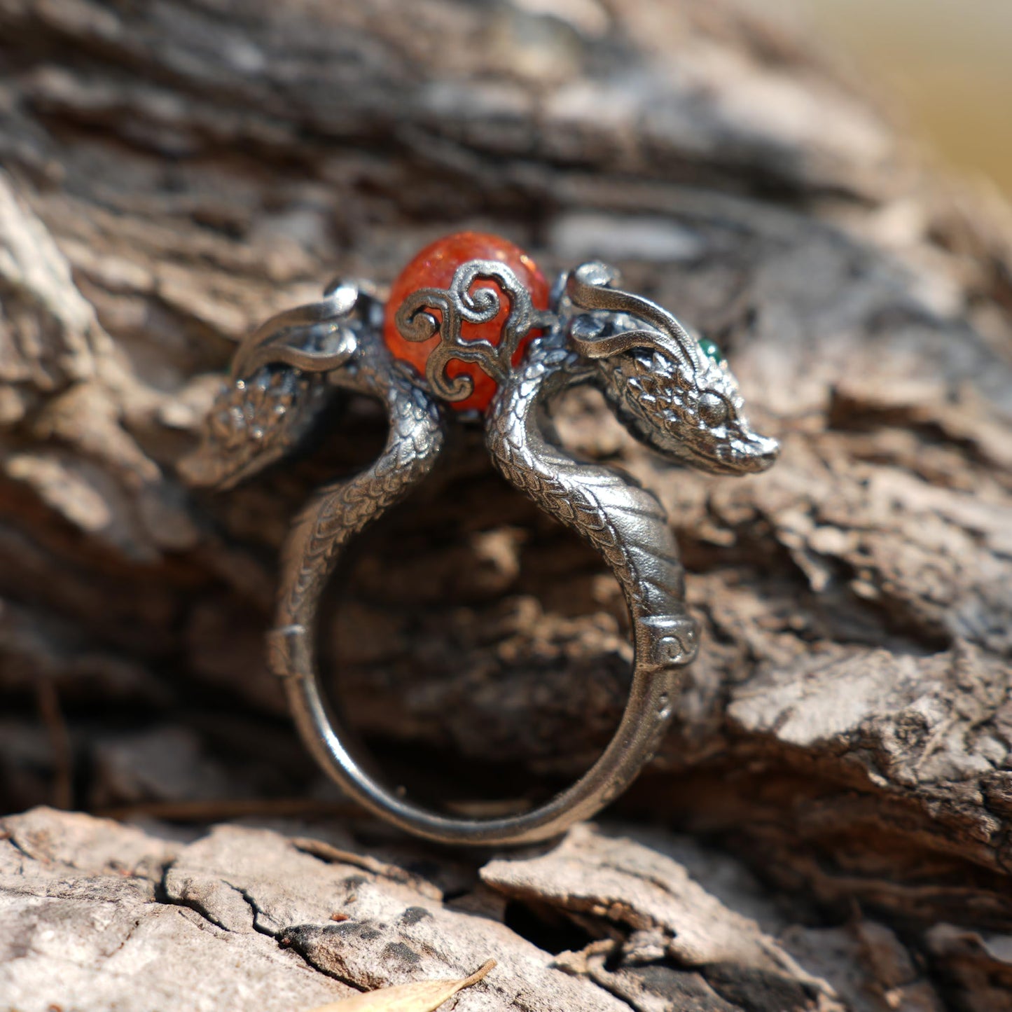 Dragon Ring with Sunstone & Emerald | Handmade 925 Silver Jewelry | Unique Fantasy Ring for Protection & Strength