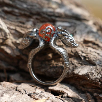 Dragon Ring with Sunstone & Emerald | Handmade 925 Silver Jewelry | Unique Fantasy Ring for Protection & Strength