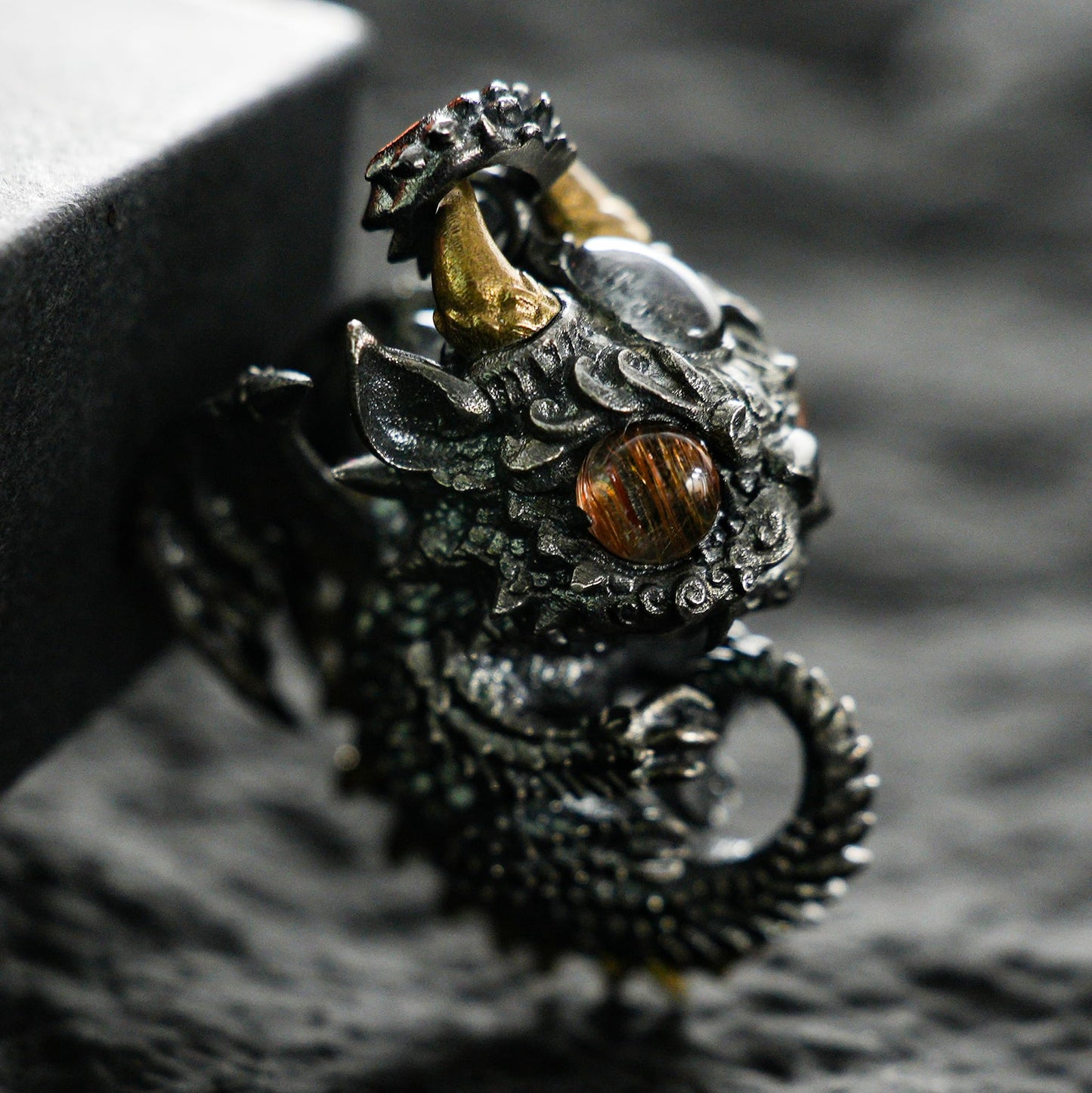 Sleeping Baby Dragon Pendant | Sterling Silver Mythical Creature Jewelry | Gold Rutilated Quartz Eye | Fantasy Amulet Gift for Protection