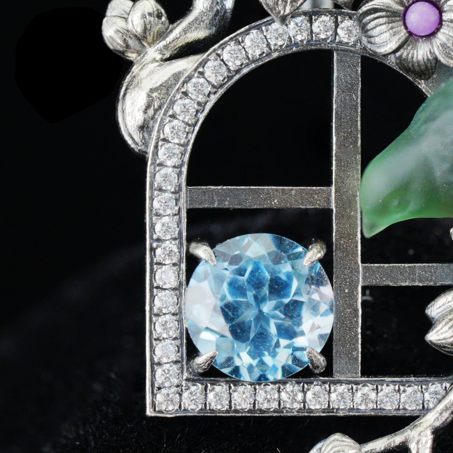 Green Bird Pendant Necklace at Window | Hand-Carved Silver Floral Bird Jewelry | Whimsical Springtime Gift for Nature Lovers and Dreamers