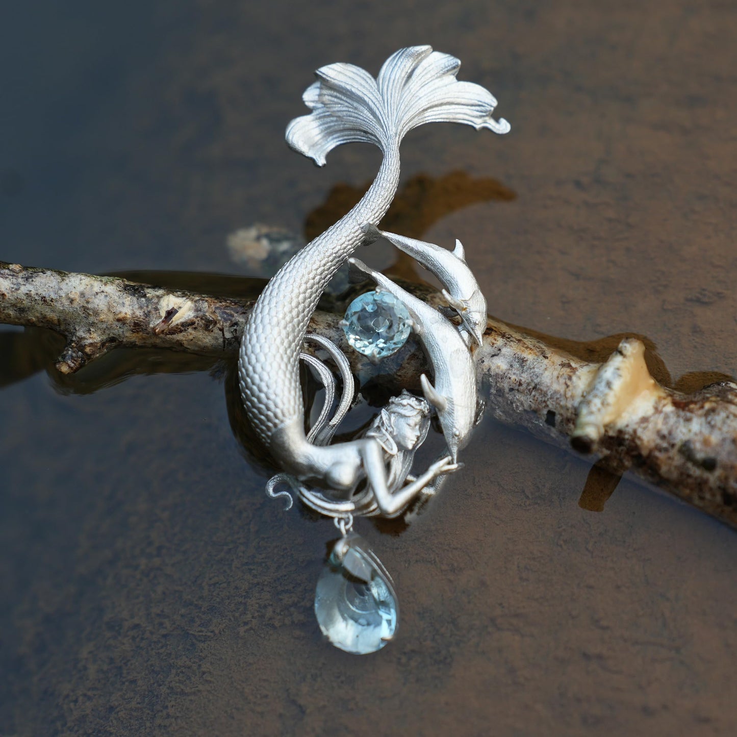 Dreamy Ocean Mermaid Pendant in 925 Sterling Silver with Aquamarine | Handmade Teardrop Necklace for Emotional Healing & Ocean Lovers