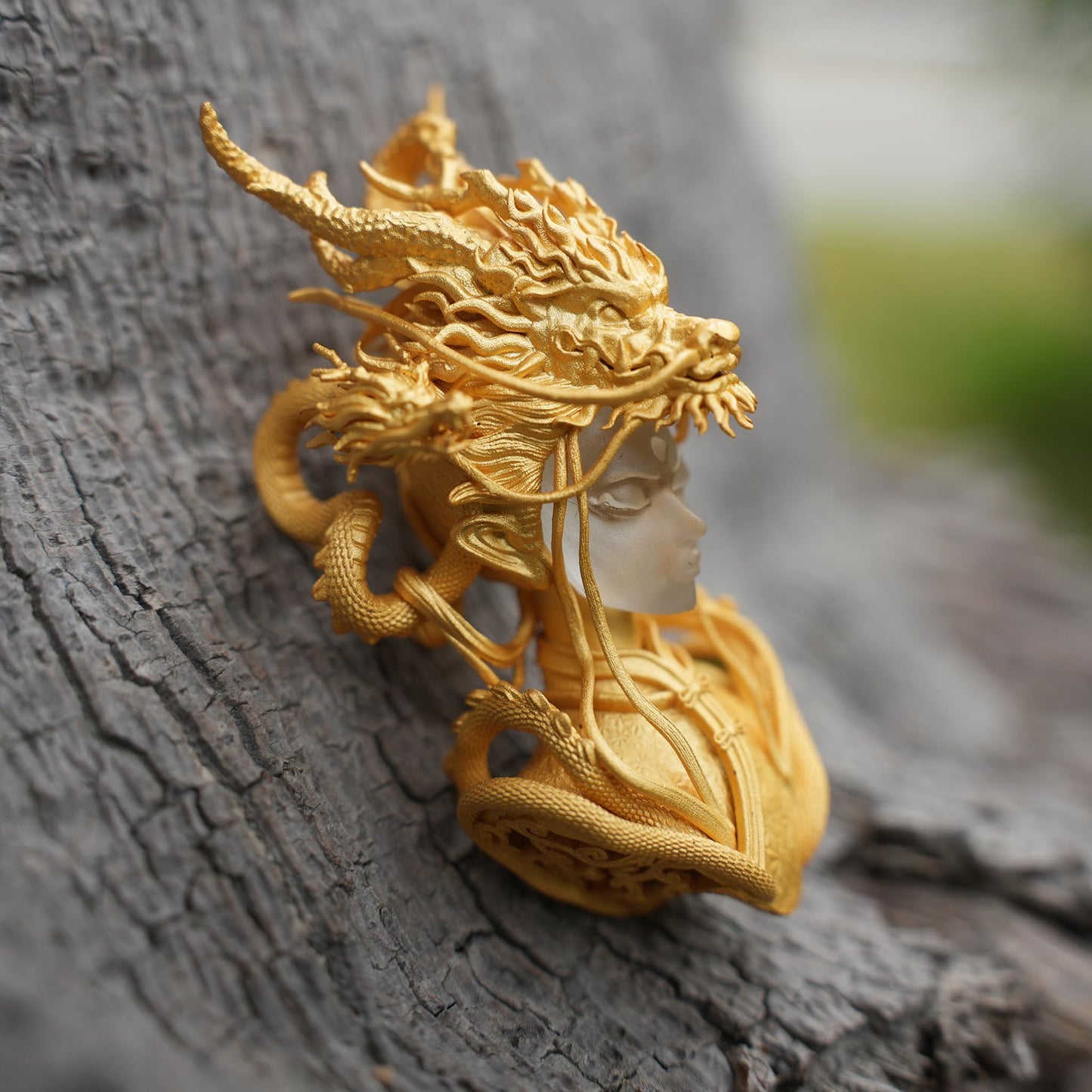 Golden Dragon Lady Pendant | 925 Sterling Silver with 24K Gold Plating & White Crystal | Symbol of Dragon Spirit, Strength & Soul Protection | Handmade Fantasy Jewelry