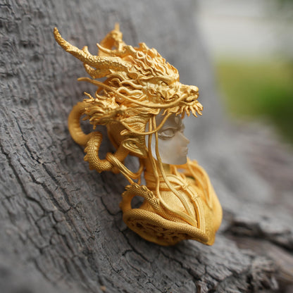 Golden Dragon Lady Pendant | 925 Sterling Silver with 24K Gold Plating & White Crystal | Symbol of Dragon Spirit, Strength & Soul Protection | Handmade Fantasy Jewelry