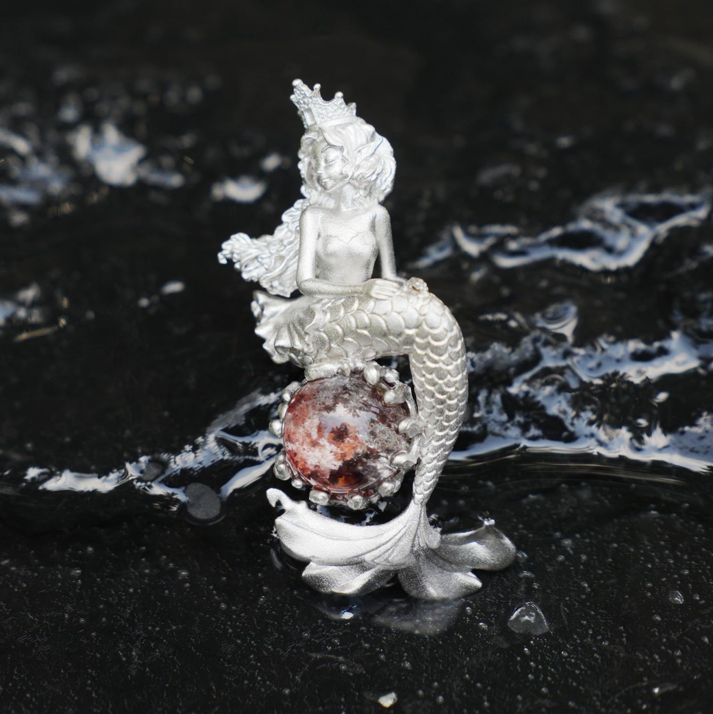 Ocean-Themed Mermaid Necklace | 925 Sterling Silver, Handmade | Crown, Seated Pose | Hand-Engraved Fin | Amulet | Gift for Her