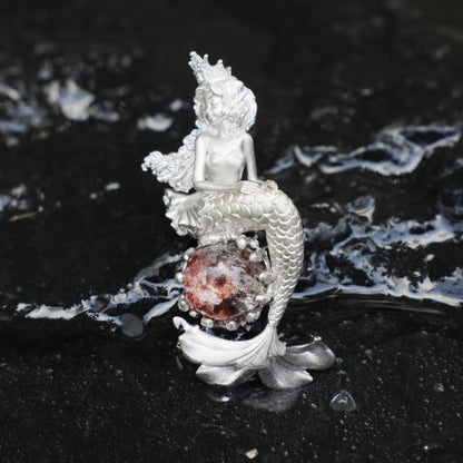 Ocean-Themed Mermaid Necklace | 925 Sterling Silver, Handmade | Crown, Seated Pose | Hand-Engraved Fin | Amulet | Gift for Her