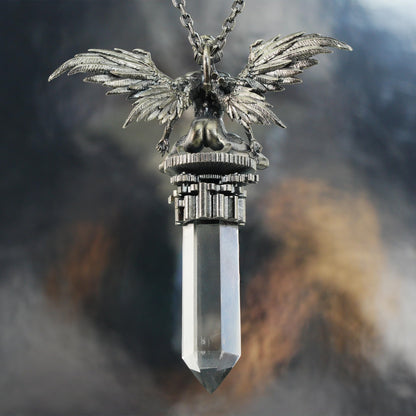 925 Silver Cyberpunk Angel Pendant | Project 0-9 Light Core Necklace with Crystal Pillar & Mechanical Wings | Sci-Fi Symbol of Faith & Rebirth
