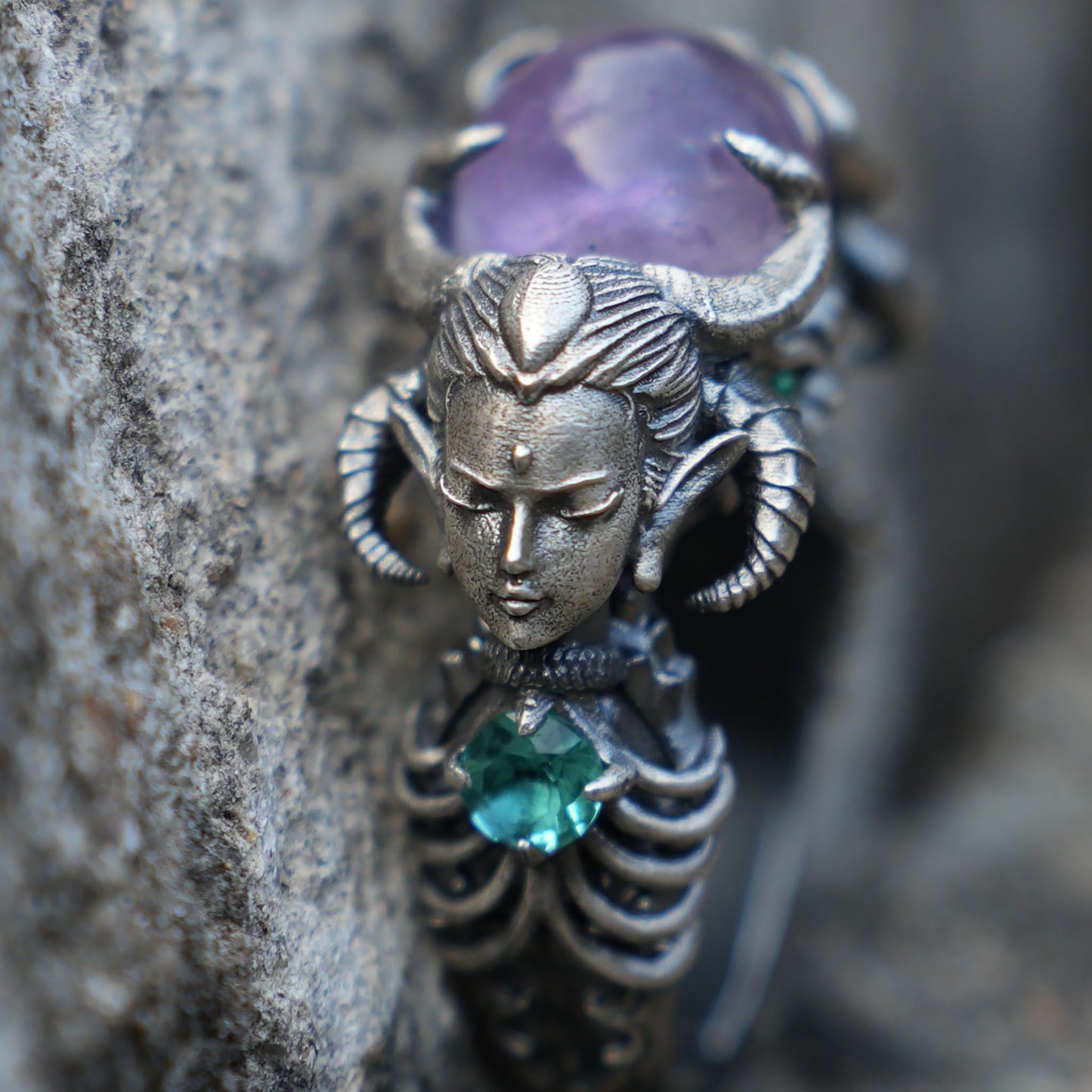 Amethyst & Aquamarine Ring in 925 Sterling Silver | Handmade Fantasy Jewelry | Artisan Gift for Collectors