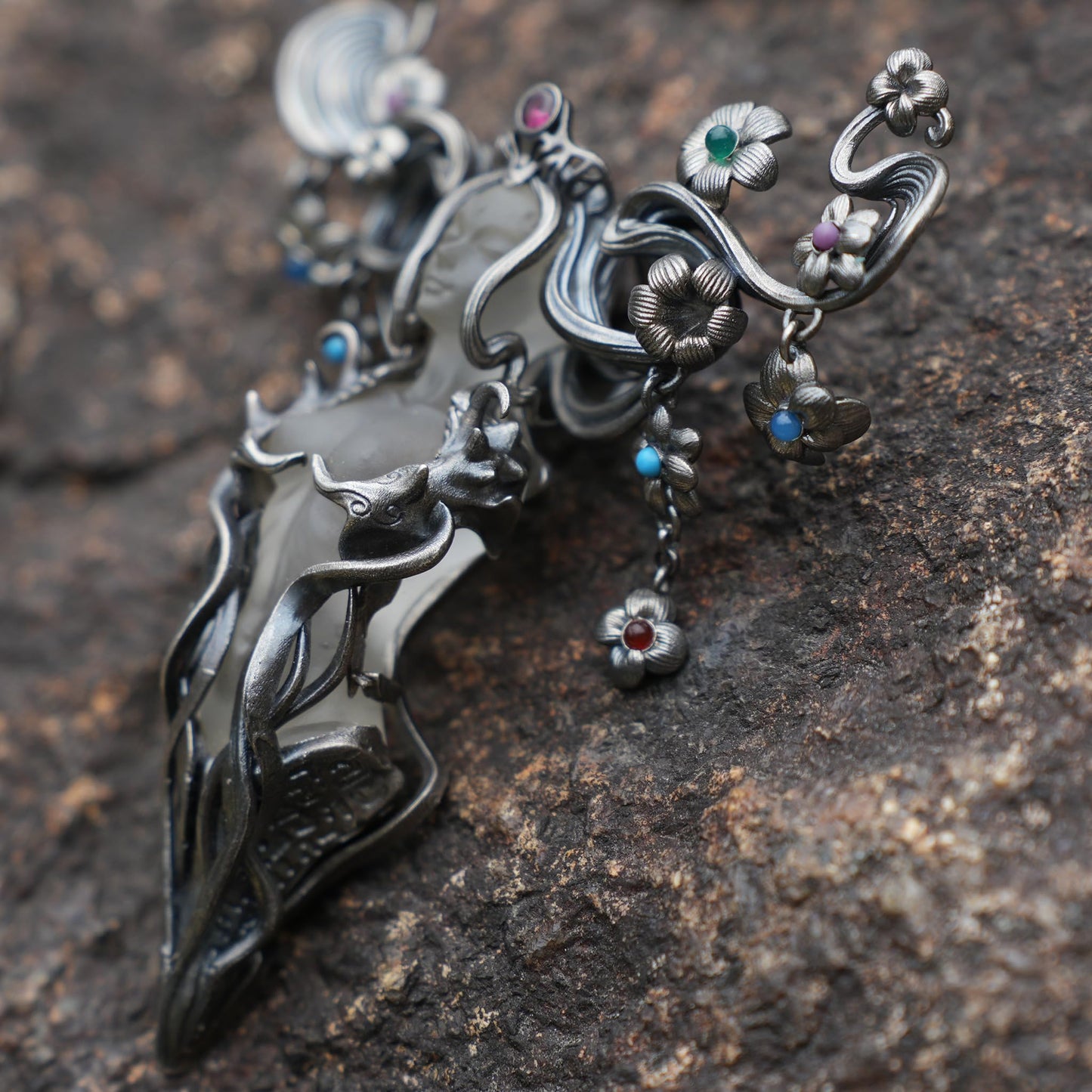 Goddess Flower Pendant with Onyx & Garnet | Handcrafted Art Nouveau Jewelry | Symbol of Beauty & Renewal