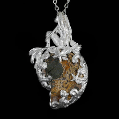 925 Sterling Silver Mermaid Pendant with Fossil Seashell | Handmade Ocean Amulet Necklace | Mythical Siren Jewelry Gift