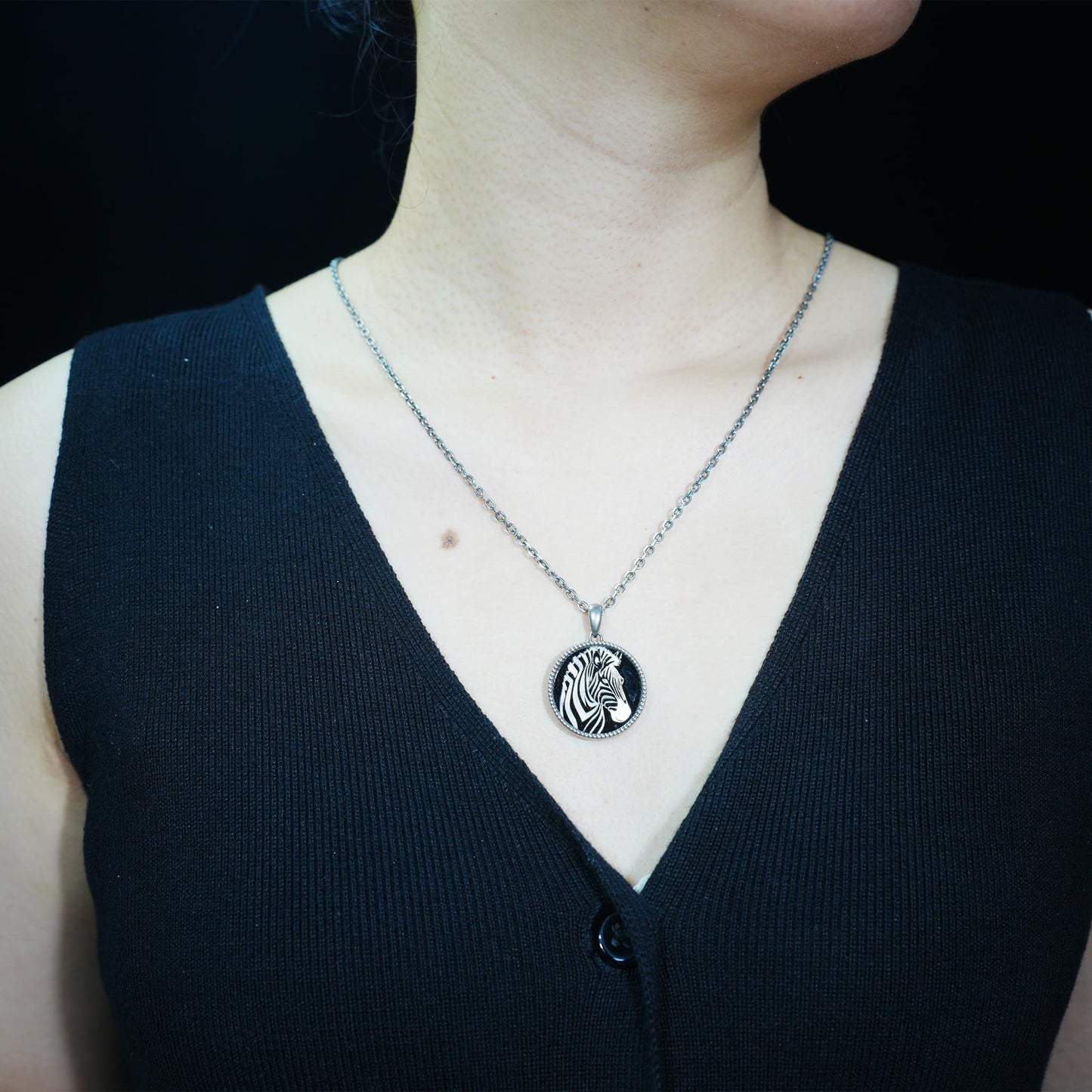 Wildlife Zebra Totem Necklace | 925 Sterling Silver Handcrafted Relief Medallion | Black-White Minimal Unisex Pendant | Double-Sided Design