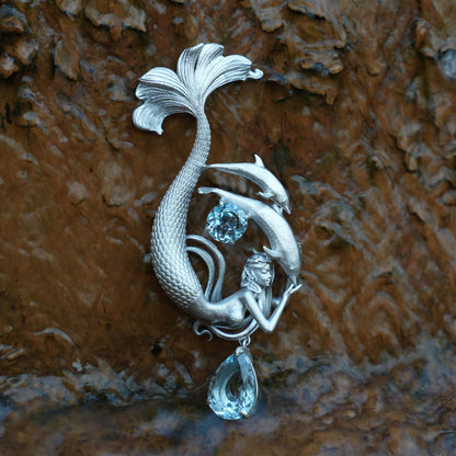 Dreamy Ocean Mermaid Pendant in 925 Sterling Silver with Aquamarine | Handmade Teardrop Necklace for Emotional Healing & Ocean Lovers