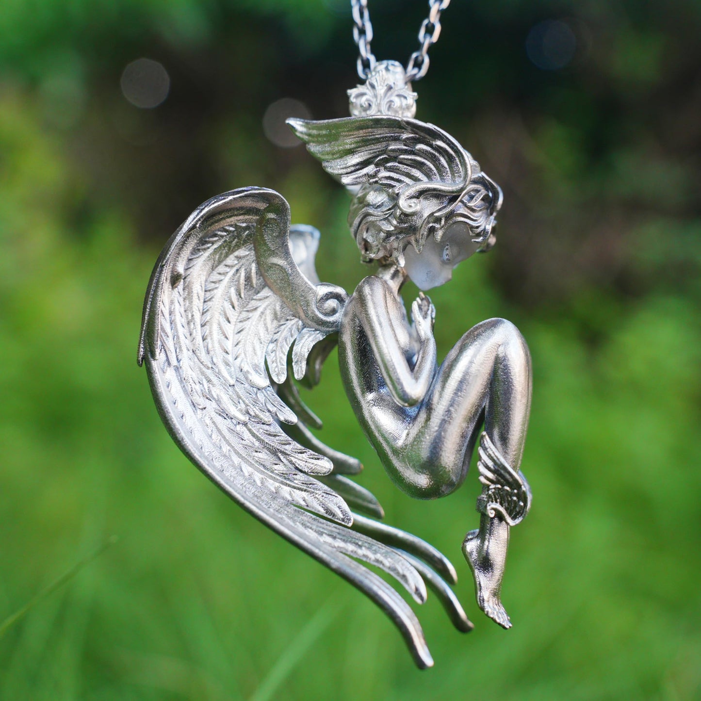 Angel Guardian Pendant | 925 Sterling Silver Gothic Sculpture Necklace with Wings & Clear Quartz | Handcrafted Fantasy Jewelry Gift