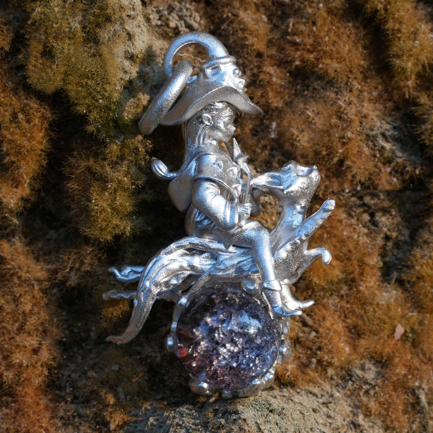 Witch Riding Cat Pendant | 925 Sterling Silver with Phantom Quartz | Handmade Fantasy Jewelry Gift for Magic Lovers & Collectors