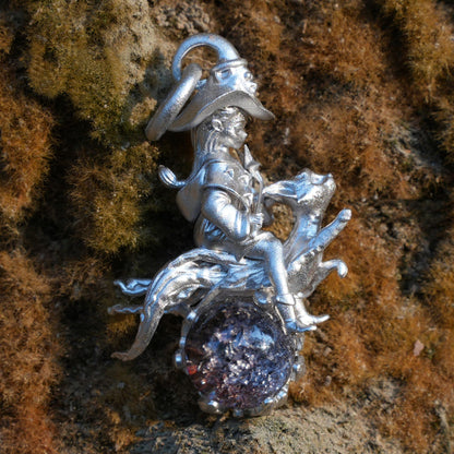 Witch Riding Cat Pendant | 925 Sterling Silver with Phantom Quartz | Handmade Fantasy Jewelry Gift for Magic Lovers & Collectors