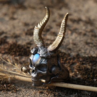 Underworld Guardian Ring, Skull Totem with Labradorite Eye, Horns of Judgment, Nordic Dark Mythology-Inspired Statement Jewelry