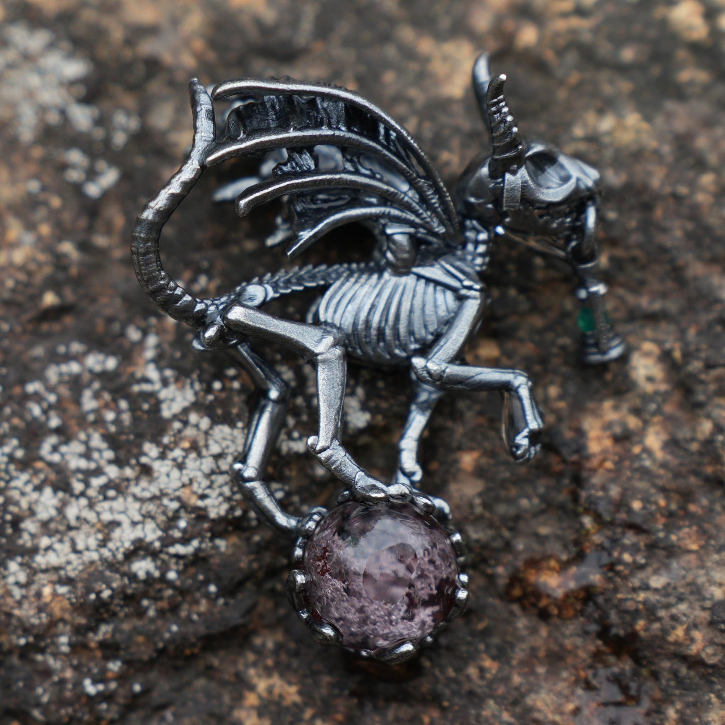 Dark Wings Dragon Pendant | Handmade 925 Silver Gothic Jewelry with Phantom Quartz | Fantasy Amulet for Magic & Mystery Lovers