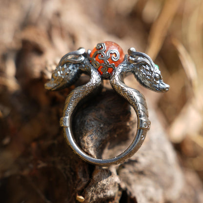 Dragon Ring with Sunstone & Emerald | Handmade 925 Silver Jewelry | Unique Fantasy Ring for Protection & Strength