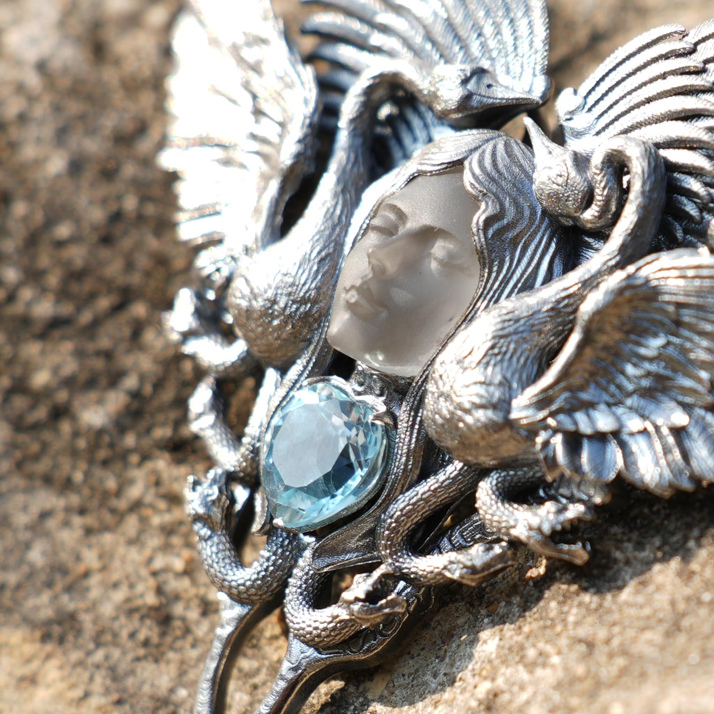 Forest Goddess Pendant | 925 Sterling Silver Handmade Jewelry | White Crystal & Sky Blue Topaz Amulet | Symbol of Purity & Protection