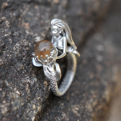 925 Silver Mermaid Ring with Phantom Quartz | Handmade Ocean Fantasy Jewelry | Symbolic Underwater Gift for Her