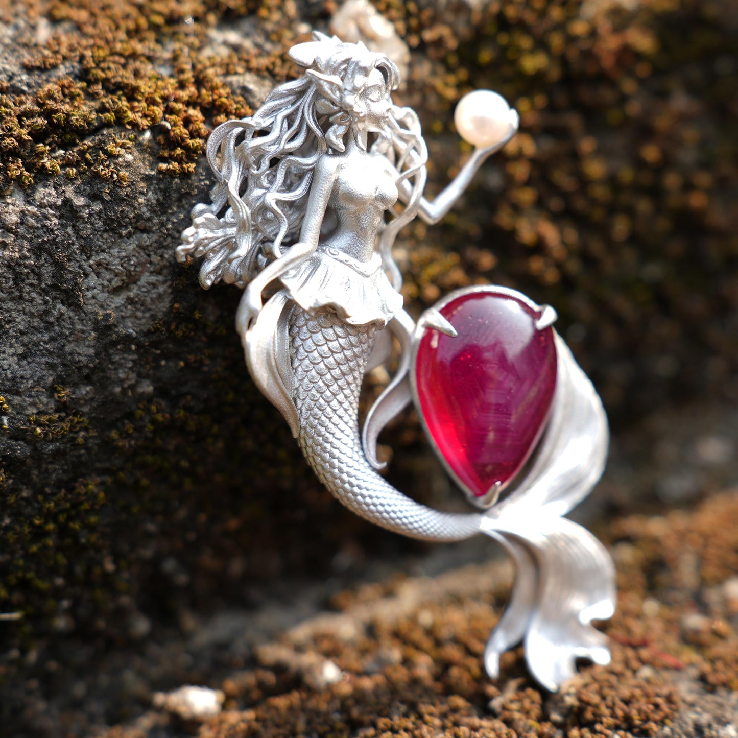 Mermaid Pendant Necklace with Star Ruby & Pearl | Handcrafted Ocean Fantasy Jewelry | Symbol of Love & Protection