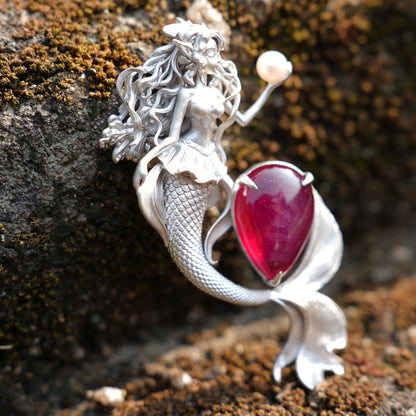 Mermaid Pendant Necklace with Star Ruby & Pearl | Handcrafted Ocean Fantasy Jewelry | Symbol of Love & Protection