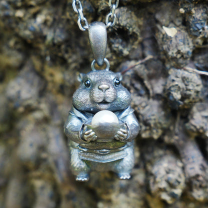 925 Sterling Silver Hamster Pendant with Freshwater Pearl | Handmade Animal Totem Necklace | Whimsical Fairy Tale Jewelry Gift