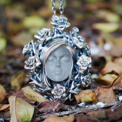 925 Sterling Silver Rose Wreath Pendant with White Crystal | Hand-Carved Cameo Necklace | Victorian Gothic Jewelry Gift