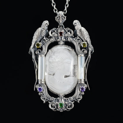 Handmade 925 Silver Victorian Cameo Necklace | Baroque Pendant with Two Parrots | Girl Relief in Rock Crystal | Vintage Craft