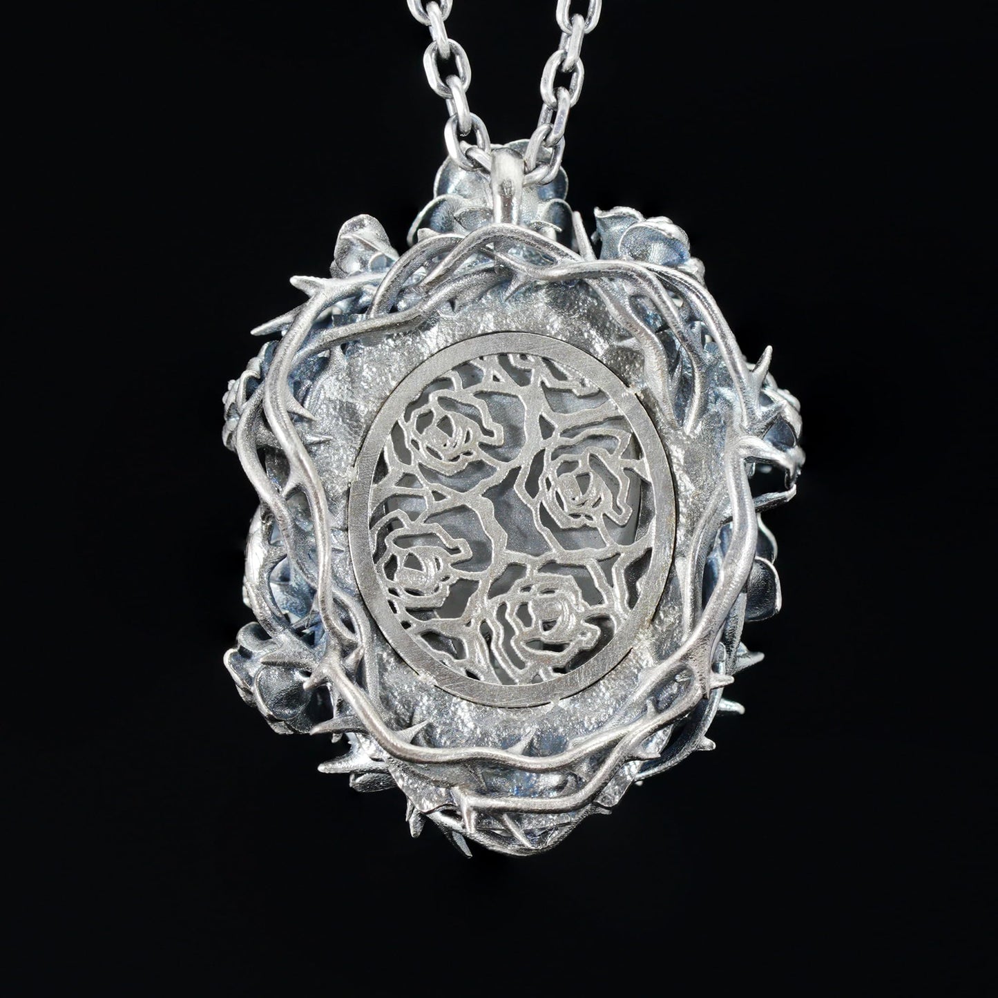925 Sterling Silver Rose Wreath Pendant with White Crystal | Hand-Carved Cameo Necklace | Victorian Gothic Jewelry Gift