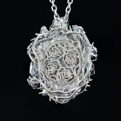 925 Sterling Silver Rose Wreath Pendant with White Crystal | Hand-Carved Cameo Necklace | Victorian Gothic Jewelry Gift