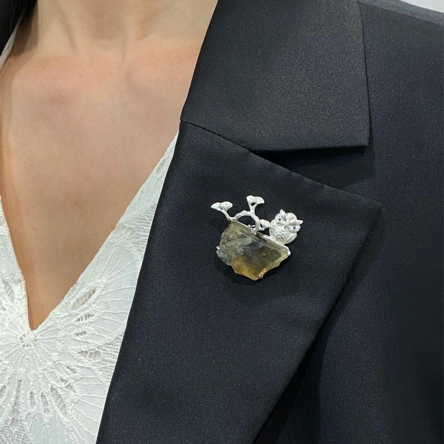 925 Silber Eule Brosche Anhänger 2-in-1, Handgefertigt mit Libyschem Wüstenglas, Symbol für Weisheit & Schutz, Unisex Naturstein Schmuck Geschenk für Frauen & Männer