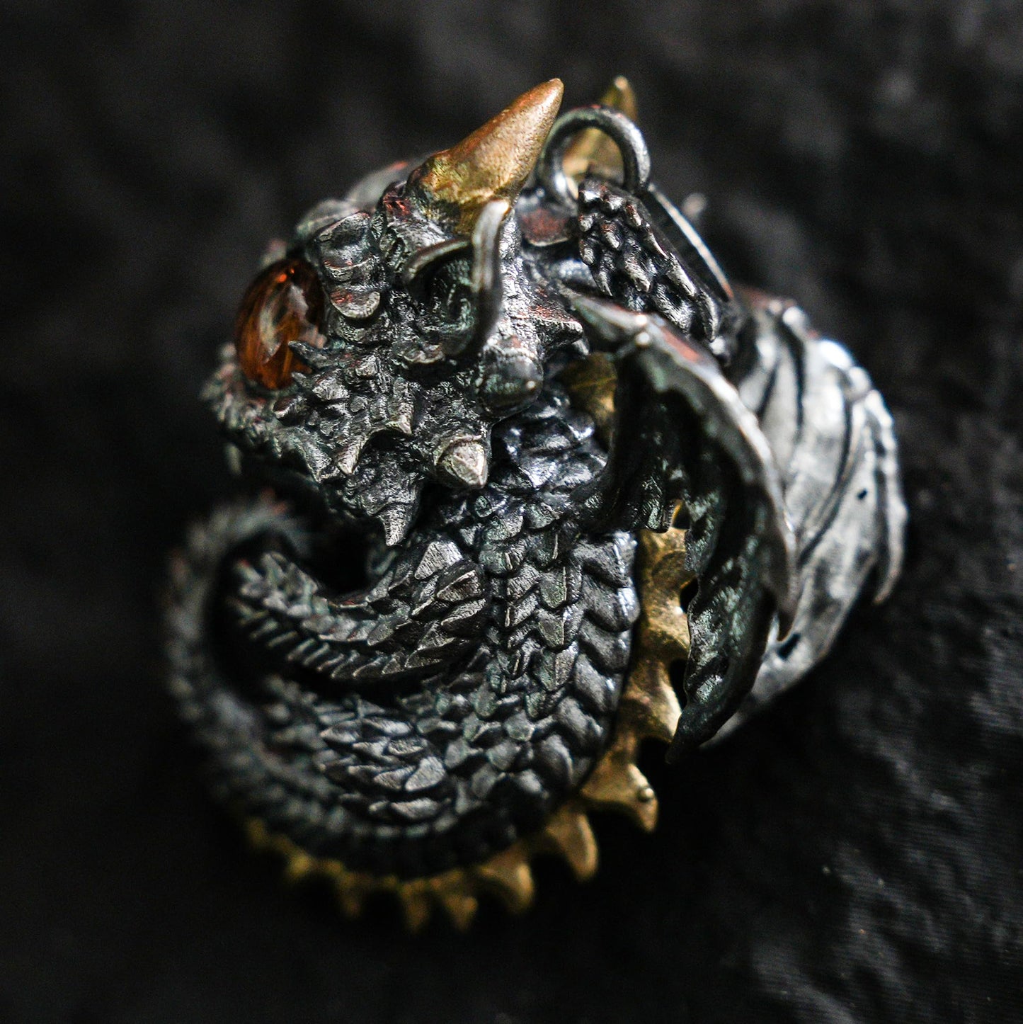 Sleeping Baby Dragon Pendant | Sterling Silver Mythical Creature Jewelry | Gold Rutilated Quartz Eye | Fantasy Amulet Gift for Protection