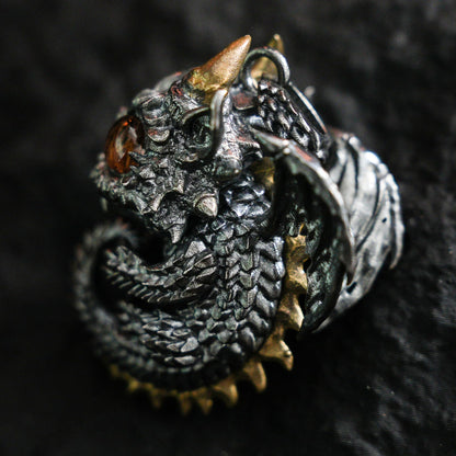 Sleeping Baby Dragon Pendant | Sterling Silver Mythical Creature Jewelry | Gold Rutilated Quartz Eye | Fantasy Amulet Gift for Protection