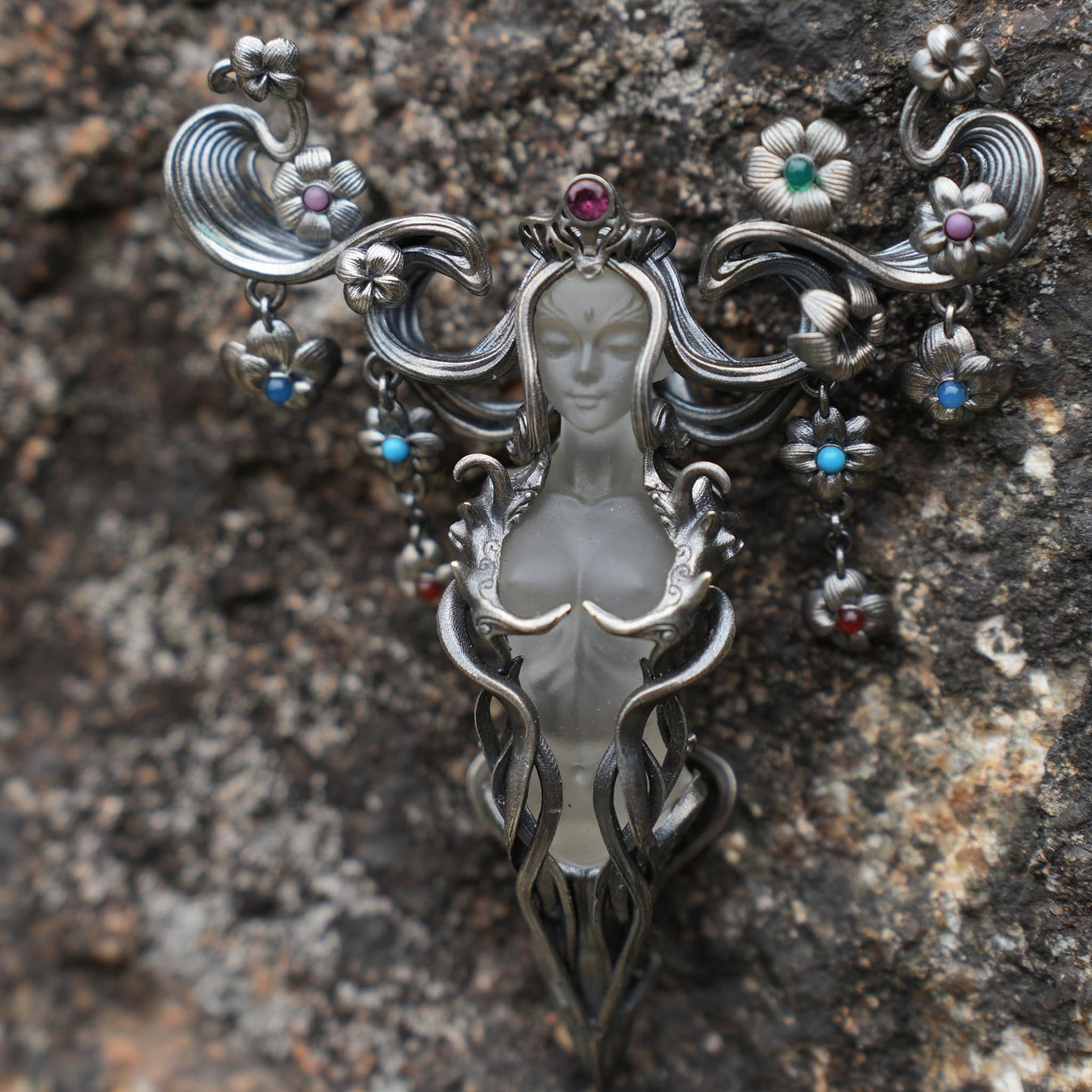 Goddess Flower Pendant with Onyx & Garnet | Handcrafted Art Nouveau Jewelry | Symbol of Beauty & Renewal