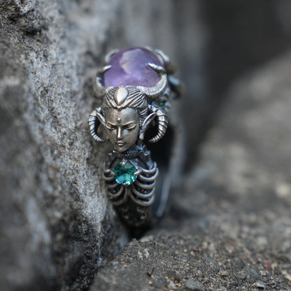 Amethyst & Aquamarine Ring in 925 Sterling Silver | Handmade Fantasy Jewelry | Artisan Gift for Collectors